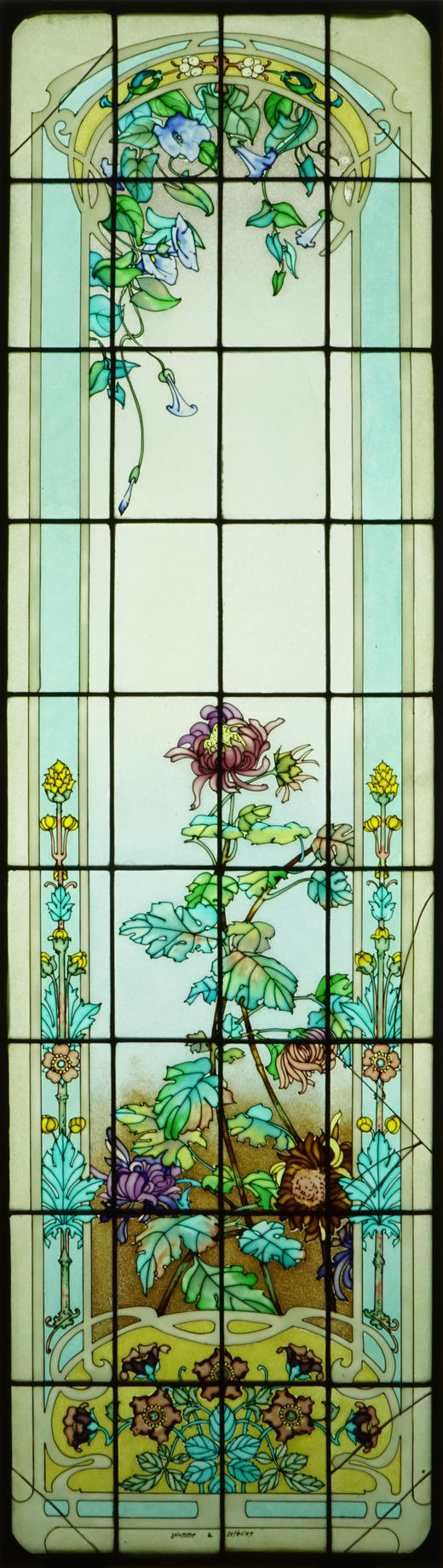 独角鹿西洋古董20世纪初法国新艺术风格时期工坊L’Homme & Lefèvre签名出品繁花齐绽主题彩绘玻璃花窗一组 商品图2