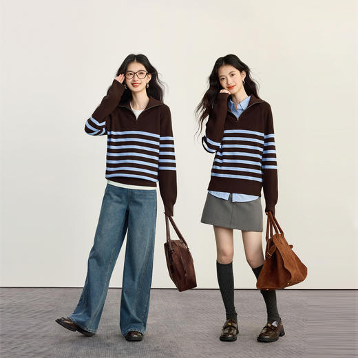 【09/26新品】熙世界高捻云柔纱拉链polo领条纹针织衫女秋季长袖美拉蓝撞色毛衣 商品图2