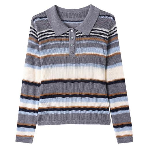 SC35-25161-168 2025秋冬新款翻领撞色条纹针织衫女薄衬衫领宽松线衣外穿女打底衫 商品图4