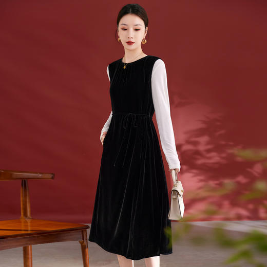 QS秋冬新款真丝丝绒背心连衣裙收腰气质日常通勤圆领中长款女1393 商品图2