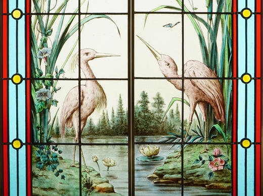 独角鹿西洋古董20世纪初法国新艺术风格时期著名画师Henri Curcier签名出品水岸风光主题彩绘玻璃花窗一对 商品图6