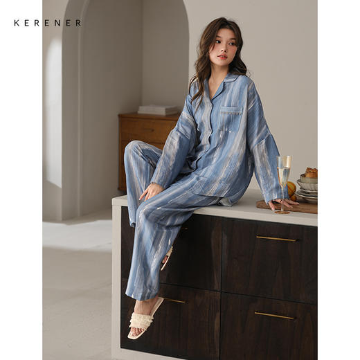 可人儿春秋季带bra泡泡绵女士长袖长裤睡衣可外出小众家居服套装 商品图2