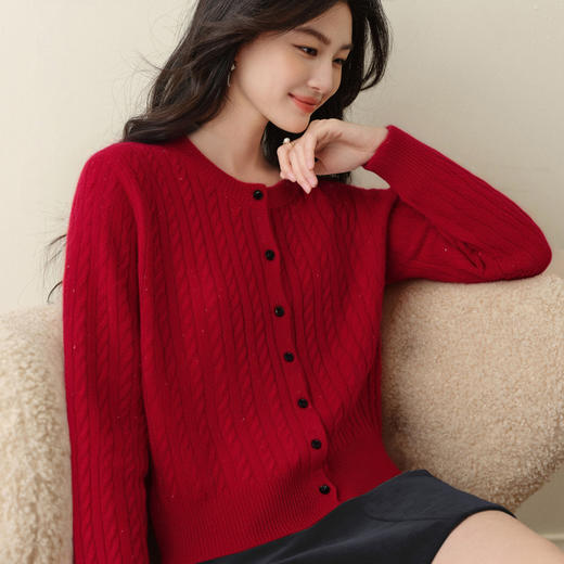 【严选】诗凡黎圆领基础绞花针织开衫2025秋冬新款软糯舒适百搭毛衫外套女7G9433071 商品图2