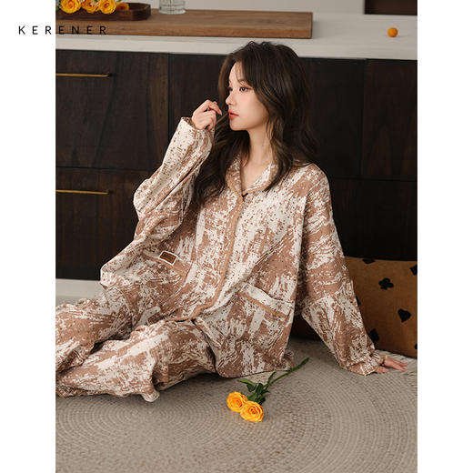 可人儿春秋季带胸垫奥力棉女士长袖长裤睡衣可外出纯棉家居服套装 商品图1