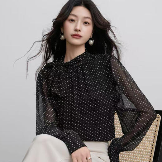 FLLJ3075 2025秋季新款波点宽松大码显瘦雪纺衫小衫长袖女衬衣 商品图3