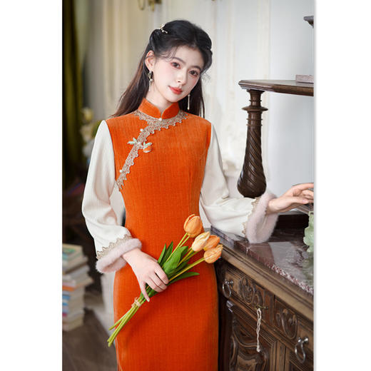 SKY 907946时尚拼接长款倒大袖旗袍改良新中式日常旗袍裙 商品图3