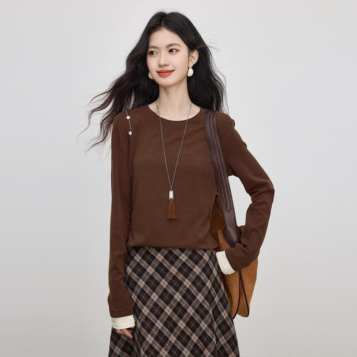 【09/26新品】熙世界「假两件云朵T」休闲复古圆领长袖T恤女秋冬内搭打底衫上衣 商品图4