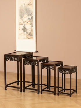 清	红木透雕拐子纹套几（一套四只）