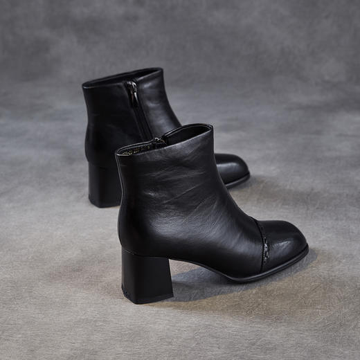 ZM 258688粗跟轻奢羊皮短靴软底真皮方头气质显瘦加绒靴 商品图3