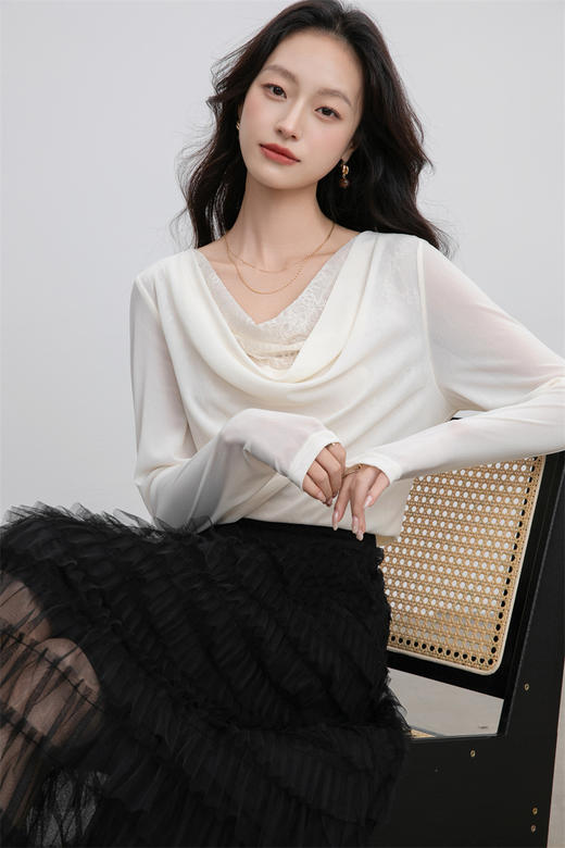 「老顾客福利早秋洋气堆堆领上衣」秋季优雅蕾丝拼接上衣2025新款显瘦长袖洋气小衫04146 商品图10