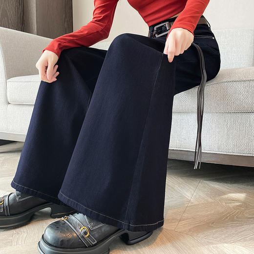 雀说黑金蓝阔腿牛仔裤女高腰宽松高级感慵懒风腰带喇叭裤AL8096 商品图3