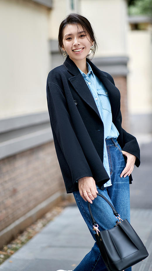 23区日系春季通勤宽松羊毛桑蚕丝混纺双排扣大衣毛呢外套商场同款 商品图2