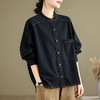 百媚生 春秋复古斜纹女棉长袖衬衫女纯色文艺休闲立领开衫2412 商品缩略图1
