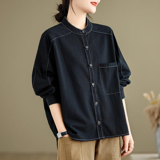 百媚生 春秋复古斜纹女棉长袖衬衫女纯色文艺休闲立领开衫2412 商品图1