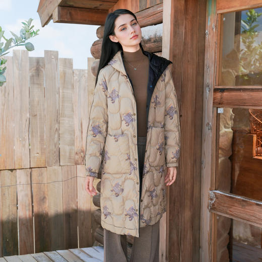 谜底两面穿羽绒服女2025秋季新款复古风花色撞色中长款257MY8804 商品图1
