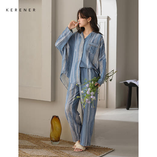 可人儿春秋季带bra泡泡绵女士长袖长裤睡衣可外出小众家居服套装 商品图1