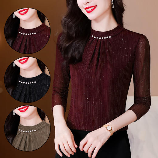 KQL 765G397圆领打底衫网纱修身T恤小衫气质 商品图0