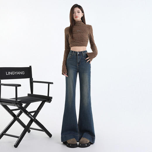 【美式复古蓝色加长喇叭裤】春秋高腰宽松修身显瘦微喇牛仔裤 商品图1