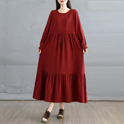 GYH 6241文艺风纯色双层纱刺绣宽松加长气质法式优雅连衣裙 商品图1
