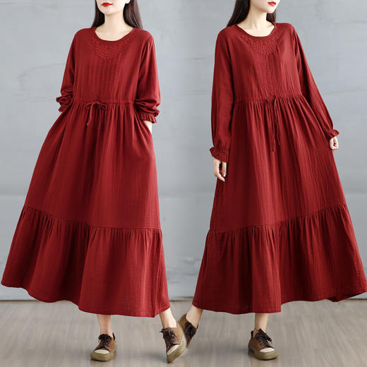 GYH 6241文艺风纯色双层纱刺绣宽松加长气质法式优雅连衣裙 商品图0