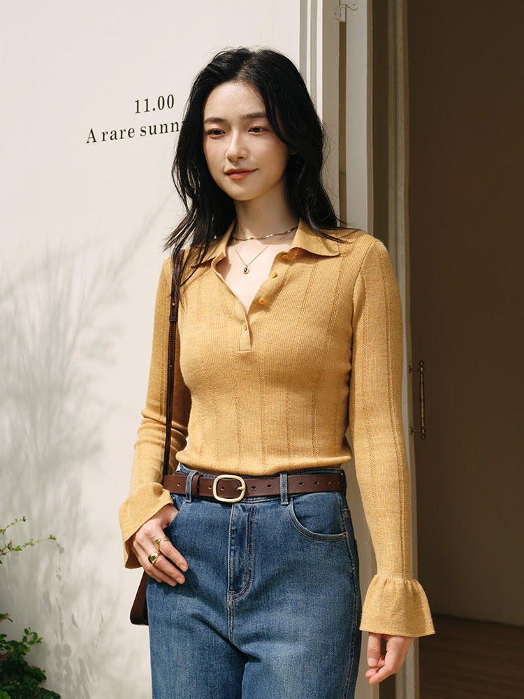 60极细美丽诺羊毛 麦秆黄POLO领套头毛衫FCF3WST072