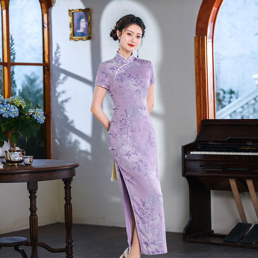 真丝缎长款优雅旗袍05803 商品图0