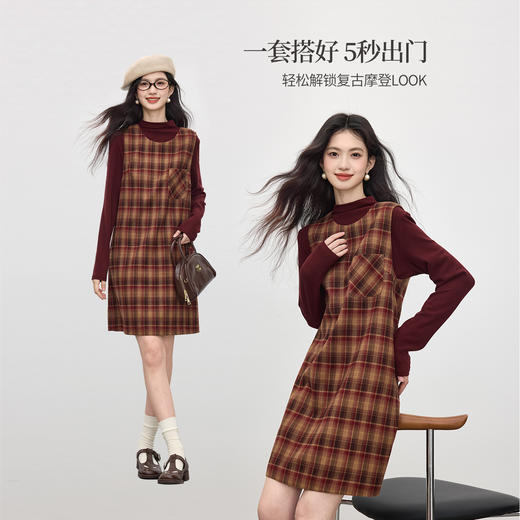 【09/26新品】熙世界红格纹背心裙套装女秋冬复古磨毛半高领打底衫连衣裙两件套 商品图2