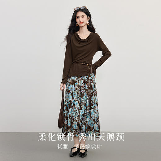 【09/26新品】熙世界法式荡领T恤女长袖2025年秋季新款优雅气质设计感别致上衣 商品图1