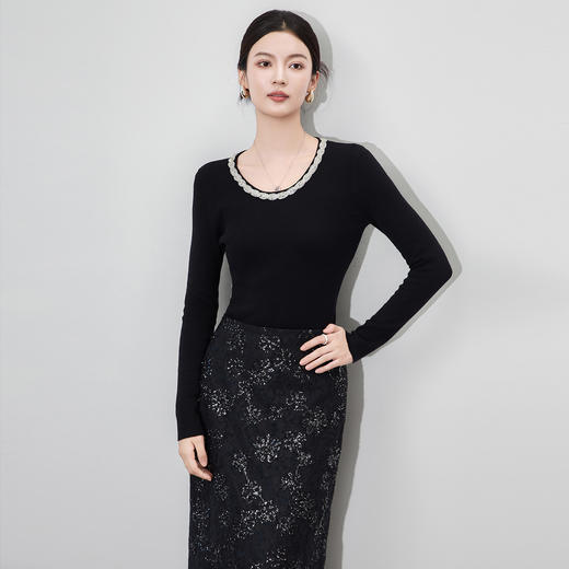 「高货wl」全新升级【铂金会员201/天猫269/差价68】(01443)洛诗琳轻奢镶钻领针织衫2025秋季气质羊毛混纺打底上衣女 商品图0