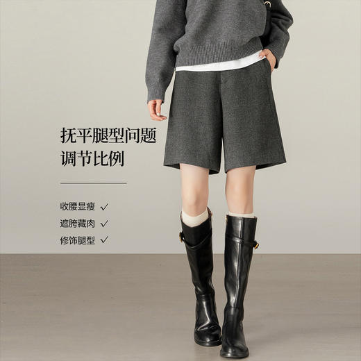 【09/26新品】熙世界灰色毛呢短裤女秋冬2025新款高级感休闲直筒中裤西装五分裤 商品图2
