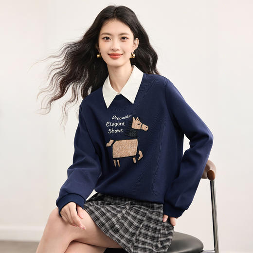 【09/26新品】熙世界美式慵懒chic刺绣卫衣女秋季2025新款个性时尚套头圆领上衣 商品图4