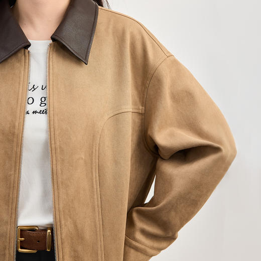 【年货节】熙世界环葆麂皮绒女士短外套秋季休闲复古撞色翻领夹克巴恩风上衣 商品图2