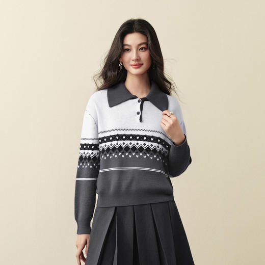 【严选】诗凡黎费尔岛翻领提花针织衫2025冬新款韩系通勤百搭长袖套头毛衣7G9333041 商品图3