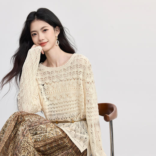 【09/26新品】熙世界波嬉风复古印花半身裙女秋季宽松针织罩衫大摆a字裙两件套 商品图3