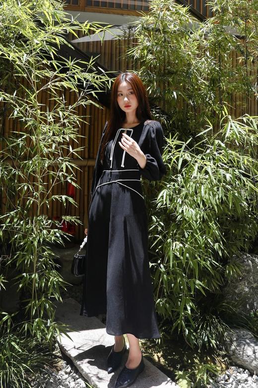 Le Malene 黑色中国风水滴领流苏扣连衣裙 17249 商品图1