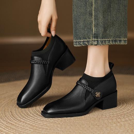 【预售5天】复古羊皮针织拼接深口单鞋女秋冬新款真皮一字带粗跟中跟小皮鞋女LD&7438 商品图2