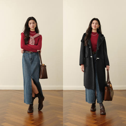 【严选】诗凡黎含山羊绒学院风长款大衣2025秋冬新款气质牛角扣双面呢外套7GA170771 商品图1