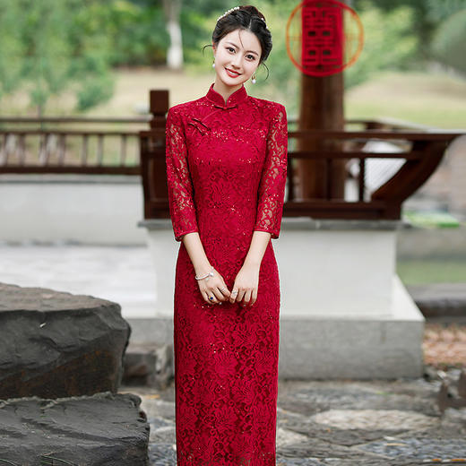 春秋红色国风中式长袖改良旗袍，出嫁外嫁回娘家SC17740 商品图4