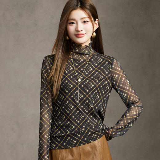 FLSHS2229 2025秋季新款半高领长袖格纹网衫T恤修身显瘦打底衫 商品图1