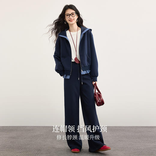 【周末秒杀】熙世界复古格纹拼接短外套女休闲时尚假两件连帽开衫卫衣2025秋装 商品图2