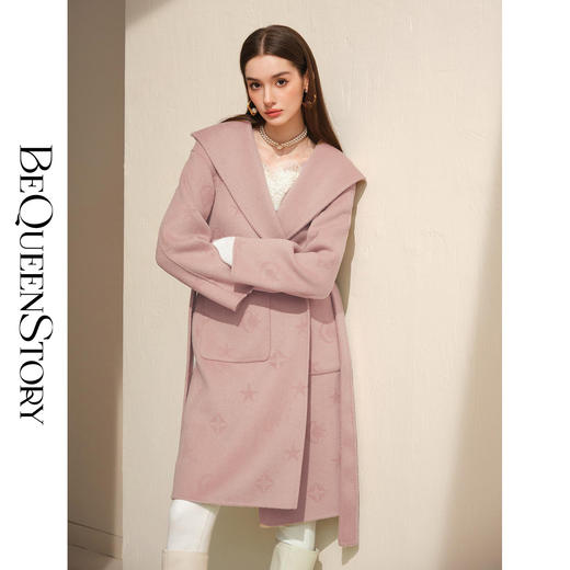 【年终福利，不退不换】【星月神话】气质连帽刻花羊毛双面毛呢外套配本布腰带 商品图0