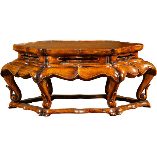 清	黄花梨束腰三弯腿海棠带托泥六角葵口器座 商品图5