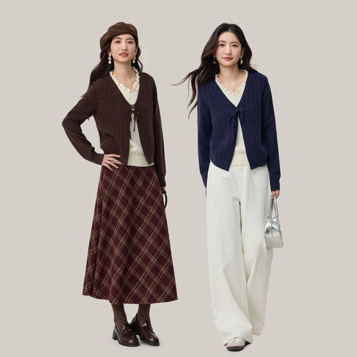 【年货节】熙世界复古假两件绞花长袖毛衣女2025秋冬新款撞色花边V领针织衫 商品图2