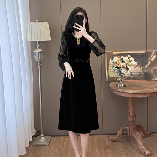 雀说时尚钉珠重工名媛风拼接亮片流苏丝绒连衣裙AL310 商品图1