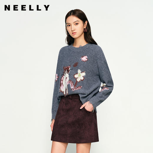 NEELLY纳俪商场同款秋季新款百搭减龄针织衫女设计感卡通印花上衣N25094A04624 商品图0