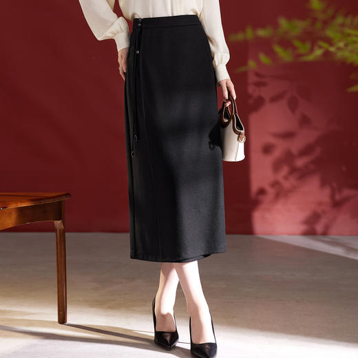 QS100绵羊毛半身裙秋冬新款日常显瘦高腰系带设计感一步裙女1811 商品图2
