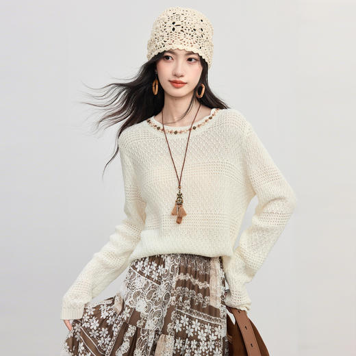 【09/26新品】熙世界波西米亚风串珠圆领针织衫女秋季宽松慵懒毛织罩衫绝美上衣 商品图3