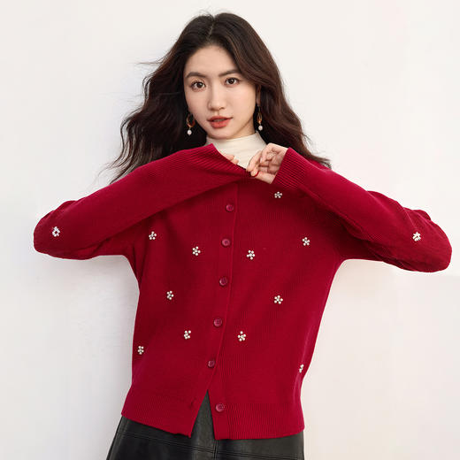 【周末秒杀】熙世界细纺云柔纱钉珠针织开衫女2025秋冬新款圆领长袖毛衣短外套 商品图4