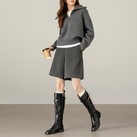 【09/26新品】熙世界灰色毛呢短裤女秋冬2025新款高级感休闲直筒中裤西装五分裤 商品图1