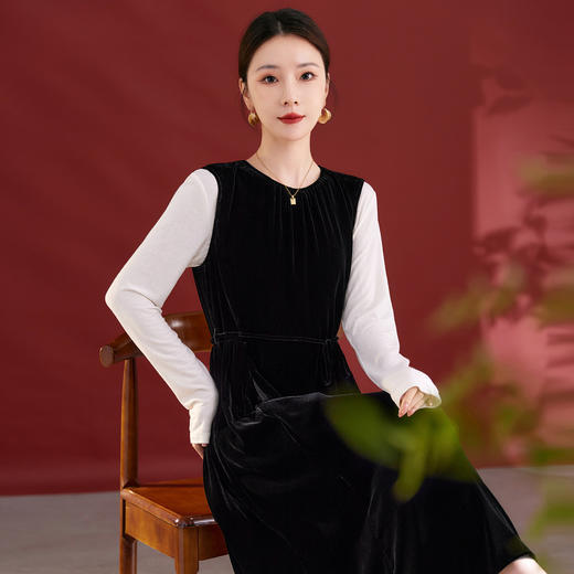 QS秋冬新款真丝丝绒背心连衣裙收腰气质日常通勤圆领中长款女1393 商品图1